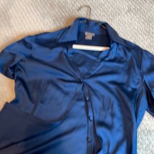 Blue satin short sleeve blouse